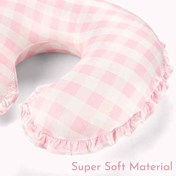 DILIMI Nursing Pillow Cover, Removable Ruffled Pillowcase for Breastfeeding Pillows, Ultra Soft Comfortable Slipcover for Baby Girl and Boy, Pink Gingham