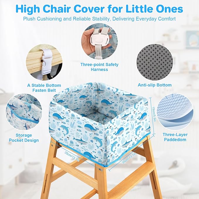 BEBOAN High Chair Cover for Restaurant, Portable Highchair Seat Covers with 3-Point Adjustable Safety Harness and Bag, for Eating/Travel/Home Use, Machine Washable, Fit Wooden Chairs (Blue Whale)