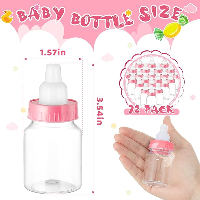 Tessco for you 72 Pcs 3.5 Inch Baby Bottles for Baby Shower Mini Plastic Bottle Party Favor Clear Candy Box for Guests Gift (Pink)