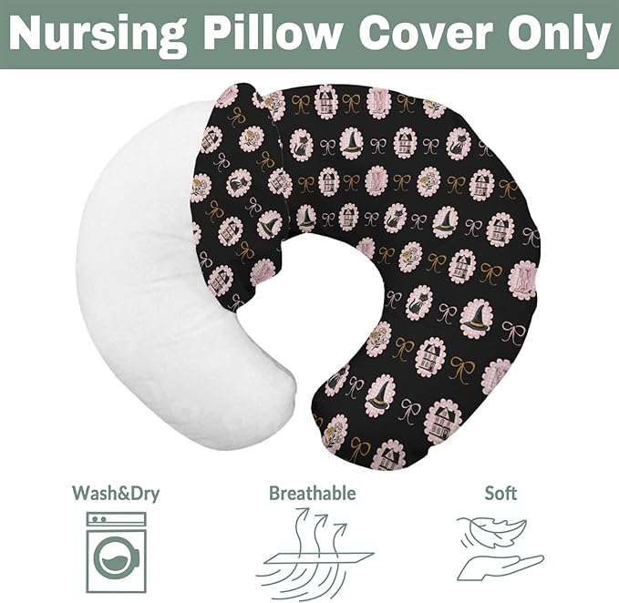Cute Pink and Black Halloween Baby Nursing Pillow Covers for Girl Witch Cat Castle Floral Bows Nursery Pillowcase for Breastfeeding Pillows Spooky Halloween Soft Stretchy Removable Covers for Newborn