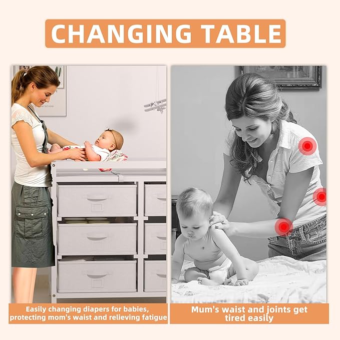 YUFU Changing Table, Nursery Dresser with 6 Storage Drawers, Safety Rails & Strap, Baby Diaper Changing Station, White