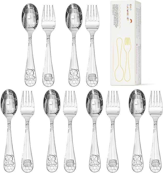KINGSTONE Kids Silverware Set, 12-Piece Large Forks & Spoons, 18/10 Stainless Steel, Ergonomic Flatware for Self-Feeding Children, Home & Travel, Honey Bear Print