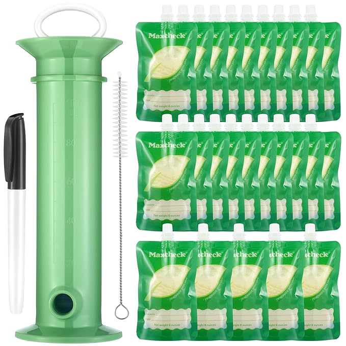 Maxcheck 28 Pcs Refillable Baby Food Pouches Maker Set Include 25 Pcs Portable Fruit Puree Storage Bags, Baby Food Maker, Pen and Brush for Babies Kids Toddlers