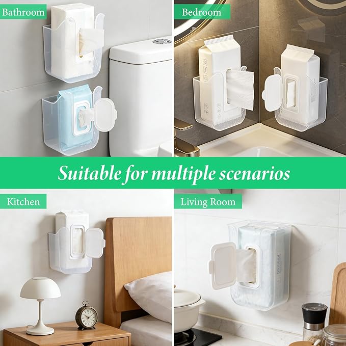 3Pcs Wall-Mounted Wipes Dispenser, Flushable Wipe Holder for Bathroom, Wet Tissue Dispenser Container, Refillable Kitchen Wipes Storage Box for Toilet Bathroom Bedroom (Transparent)
