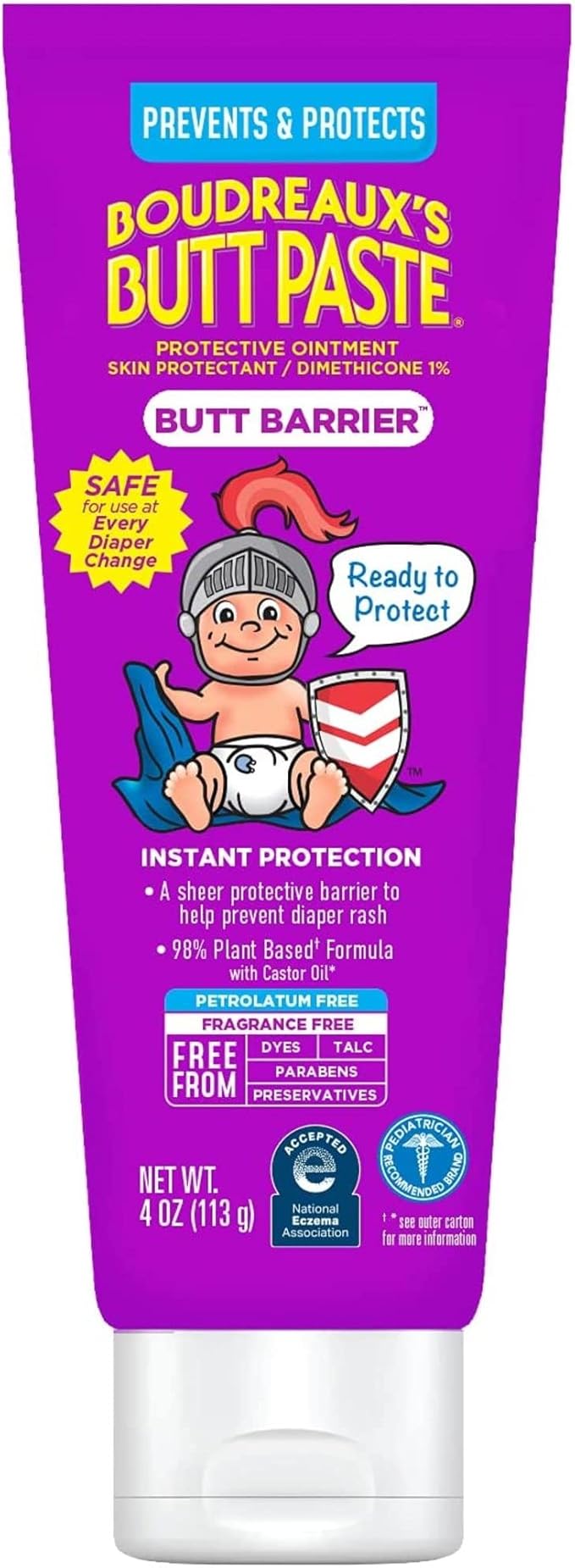 Boudreaux’s Butt Paste Butt Barrier Ointment, Preventive Dimethicone Baby Diaper Rash Cream, Provides Fast Relief from Moderate Rash and Discomfort, Pediatrician-Recommended Brand, 4oz Tube