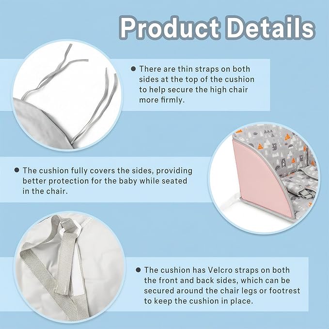 High Chair Pad, High Chair Cushion, Cute Pattern, Comfortable Seat Belt Design, Soft and Comfortable Seat Cushion Breathable Pad, Baby Sits More Safe and Comfort(Gray Animal Pattern)