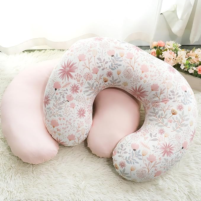 Nursing Pillow Cover 2 Pack, Breastfeeding Pillow Cover for Baby Girls Boys, Soft Stretchy Nursing Pillowcase for Infant Newborn, Removable Slipcover for Nursing Pillows, Pink Floral (Only Cover)