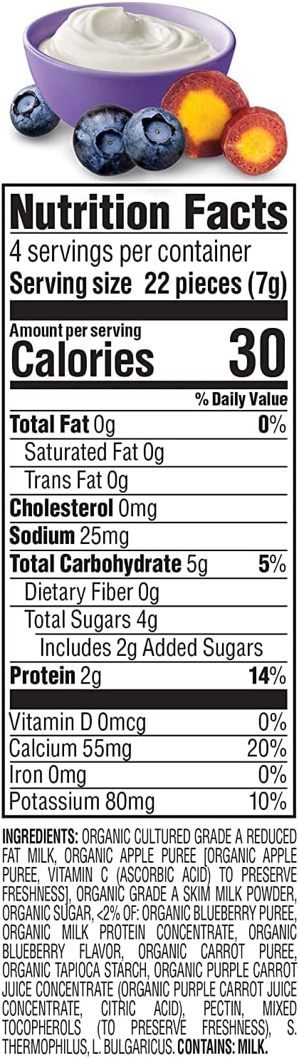 Happy Baby Organics Baby Snacks, Greek Yogis, Freeze Dried Yogurt &Veggie Fruit Snacks, Gluten Free Snack for Babies 9+ Months, Blueberry & Purple Carrot, 1 Ounce