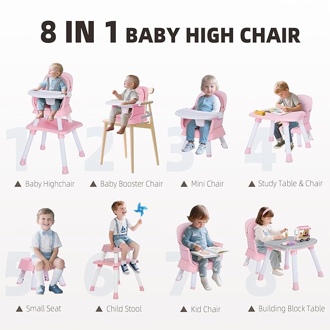 Baby High Chair, 8 in 1 Convertible Highchair, Booster Seat, Building Block/Activity Table, Stool, Feeding Chair with Dishwasher-Safe Tray, High Chairs for Babies and Toddlers (Pink)