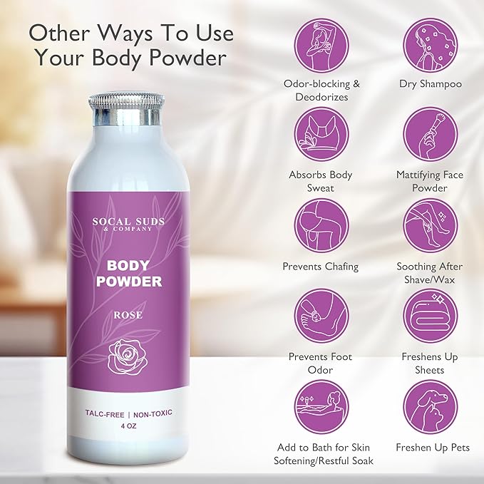 SoCal Suds & Company - Natural Body Powder Talc-Free with Arrowroot Powder, Kaolin, Aspen Bark Extract for Soft Soothing Delicate Skin - Rose 4oz, 1-Pack