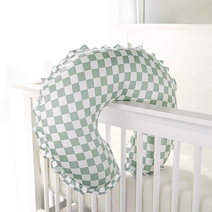 DILIMI Nursing Pillow Cover, Removable Ruffled Pillowcase for Breastfeeding Pillows, Ultra Soft Comfortable Slipcover for Baby Girl and Boy, Green Gingham