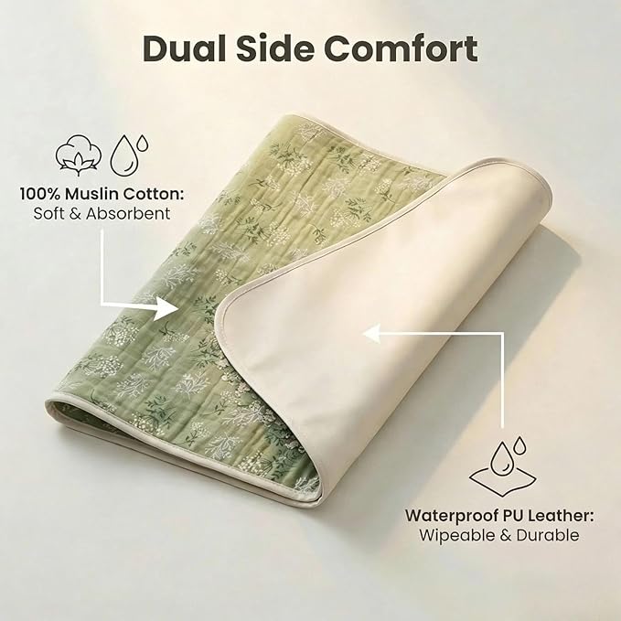 Baby Diaper Changing Pad, 19.7"x25.6" Waterproof Changing Pad Liners with 100% Muslin Cotton Front Top and Leather Back, Soft and Absorbent Portable Changing Mat for Travel, Changing Station