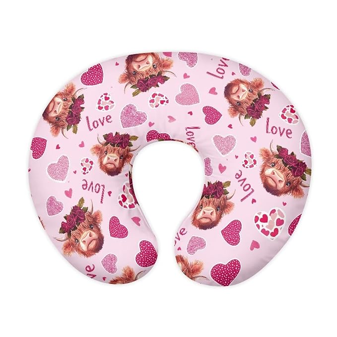 Pink Cute Cow Heart Valentine's Day Baby Nursing Pillow Cover Baby Breastfeeding Slipcover Infant Newborn Nursery Bottle Pillowcase Stretchy Replaceable Pillow Cover Slipcover