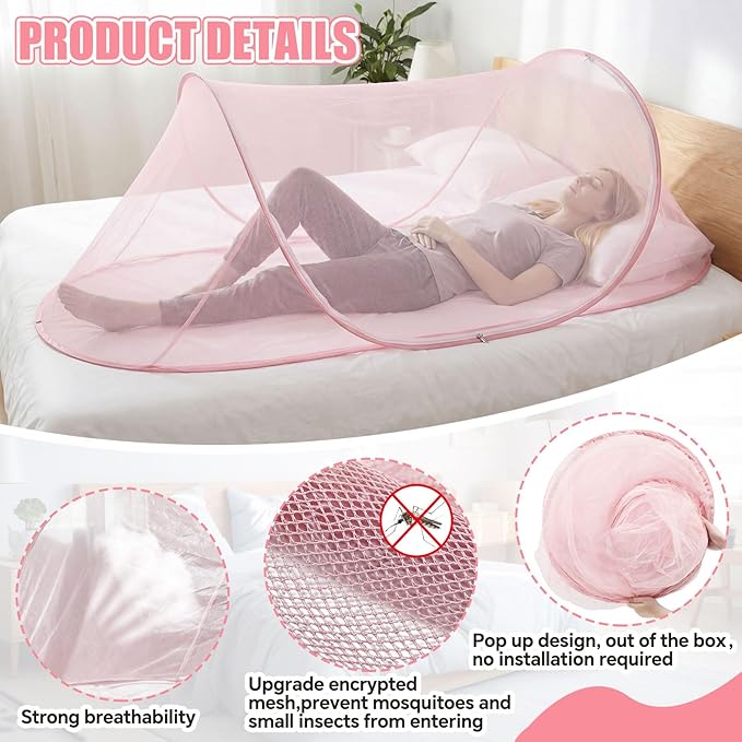 Large Pop up Mosquito Net for Camping Portable Foldable Mosquito Tent Bug Net Bed Travel Patio Outdoor 78 x 31 x 22 Inch Bug Netting Mesh Tent Canopy for Adults Baby Bedroom, Pink