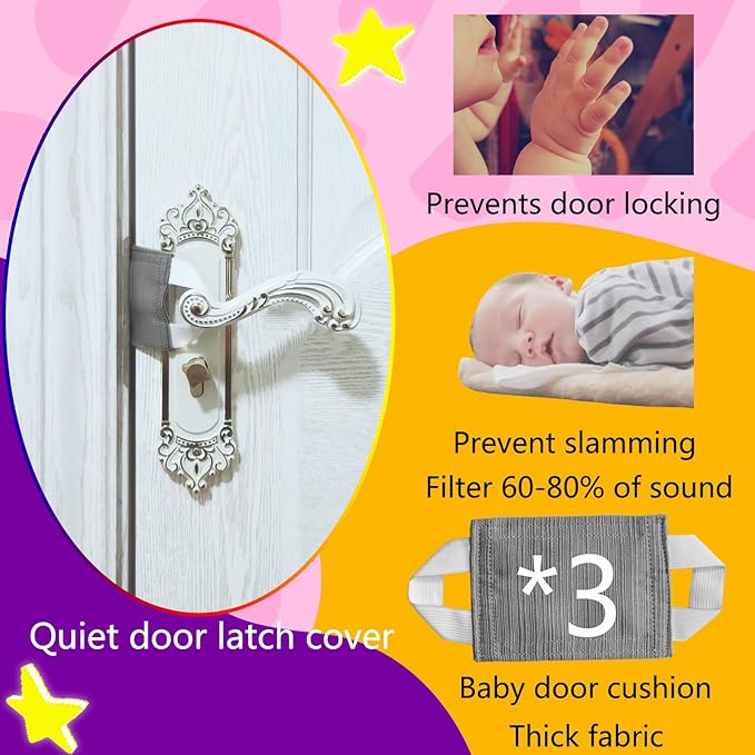 Baby Proof Door Silencer & Cloth Latch Cover, Quiet Close Anti-Slam Pads to Prevent Slamming and Accidental Locking, for Nursery and Toddler Safety (3, Medium Gray, 4.1 * 3.1 inches)