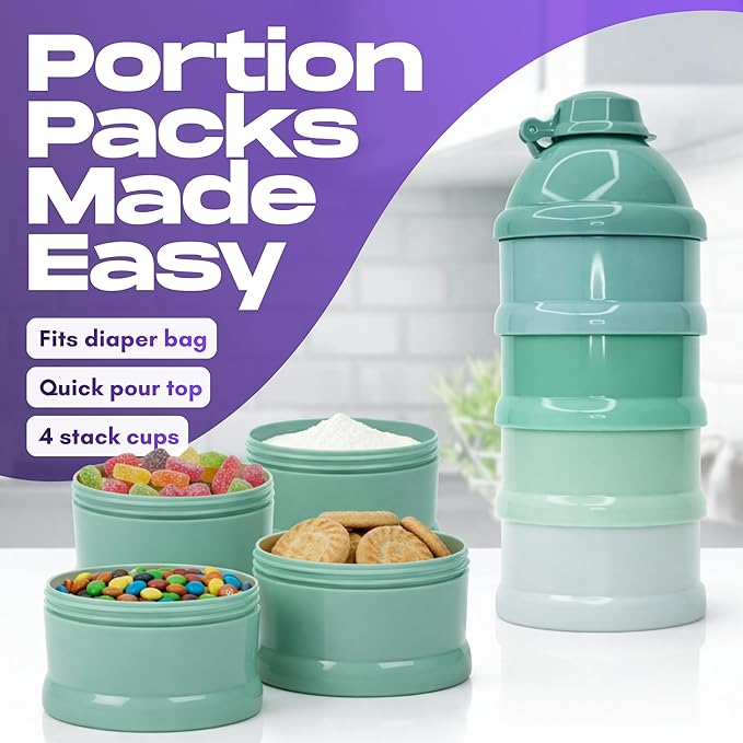 Mommy's Helper Baby Formula Dispenser On The Go, Stackable Travel Formula Container To Go, Non-Spill Pour Spout, 4-Compartment Powder Storage (Tidal Teal)