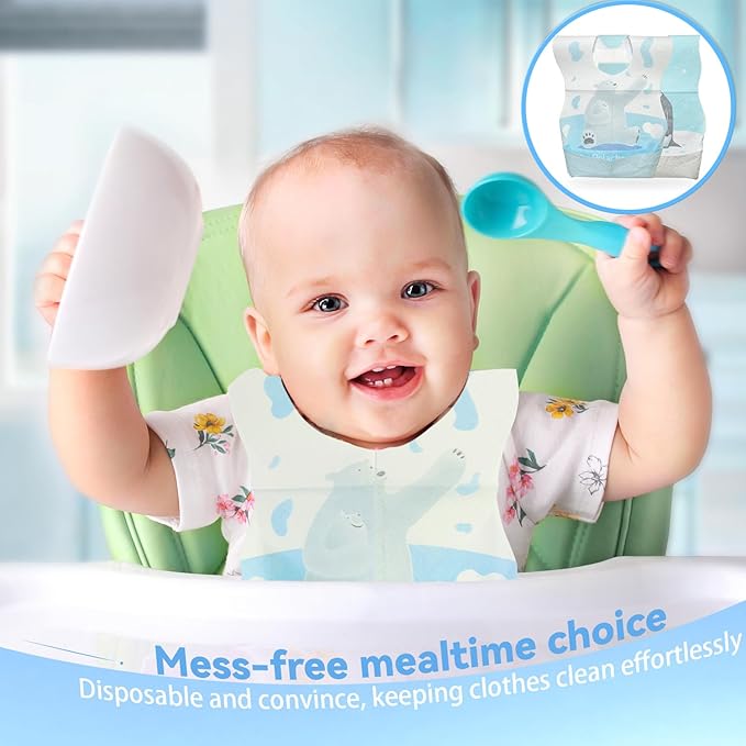 10 Pcs Disposable Bibs, Individually Packaged with Catcher and Leakproof Liner for Toddler Feeding, Baby Travel Essential