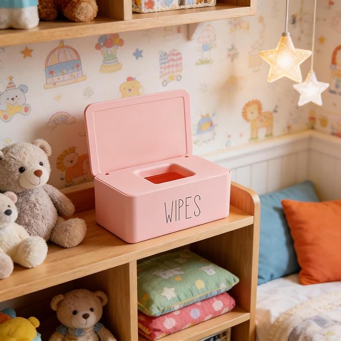 Moorfowl Baby Wipes Dispenser Bathroom Decor,7.28" L * 4.80" W * 2.75" H, Refillable Flushable Wipes Container Holder Baby Registry Essential (Pink WIPES)