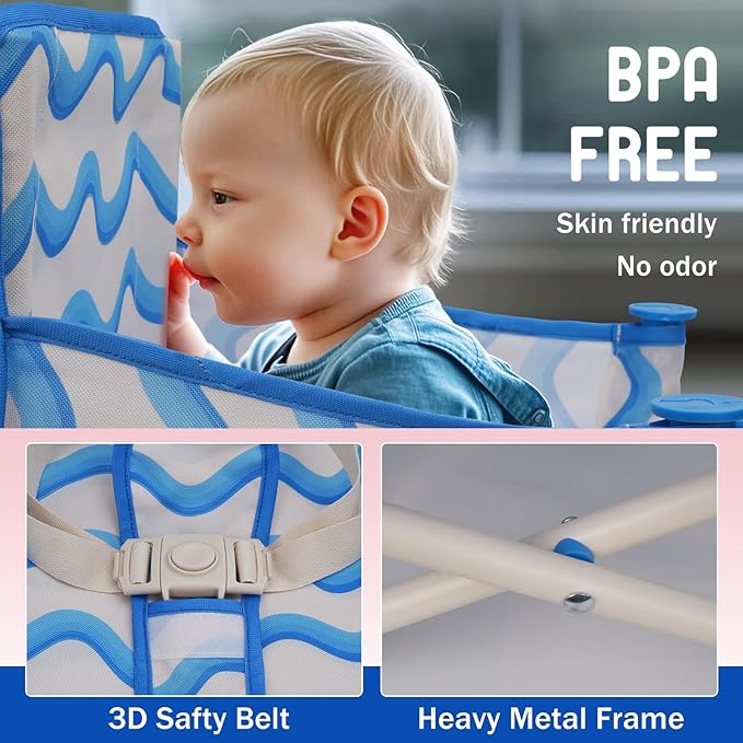 Tiny Marvels 3-in-1 Portable Baby Chair, Foldable Booster Seat with Removable Tray, Safety Harness & Carry Bag for Dining, Travel, Camping, Beach, 6M-3Y (Big Waive)