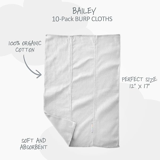 Butterblu Bailey 10-Pack Burp Cloths 100% Organic Cotton Knit for Newborn & Baby Boys & Girls, White, One Size