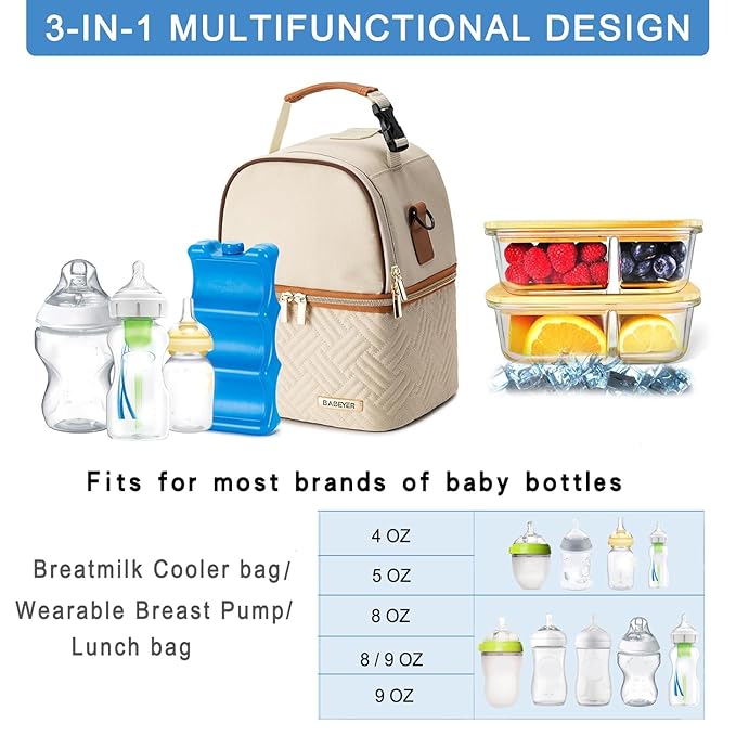 Breastmilk Cooler Bag with Ice Pack Fits 6 Baby Bottles up to 9 Ounce, Breast Milk Pump Cooler Bag with Shoulder Strap for Nursing Mom Daycare, Work, Travel- Cream