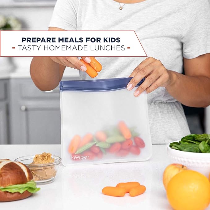 Keeper Reusable Sandwich Bags (Set of 5, 32oz) - Extra Thick Reusable Ziplock Bag For Food, Lunch Storage. Reusable Snack Bags for Kids Are Resealable. Plastic Lunch Baggies Are Washable, Freezer Safe