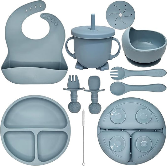 HippoBaby Baby Led Weaning Supplies | 10 Piece Silicone Baby Feeding Set | Baby Toddler Bib Cup Divided Plate and Bowl Self Feeding Spoons Dish Set | Baby Utensils | Toddler Feeding Supplies (Sky)