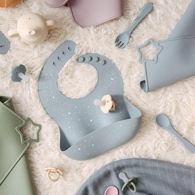 Moonkie Silicone Baby Bibs Set of 2, BPA Free Waterproof Baby Bibs for Eating, Soft Adjustable Silicone Bibs for Babies 6-12 Months, Toddler Bibs with Large Pocket Food Catcher (Ether/Muted)