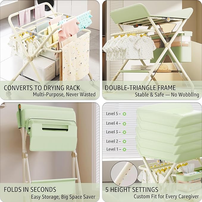 Changing Table, Portable Baby Changing Table with Wheels, Upgraded Foldable Diaper Changing Station with 5-Level Adjustable Height & Large Nursery Organizer Storage for Newborn Infant (Green)