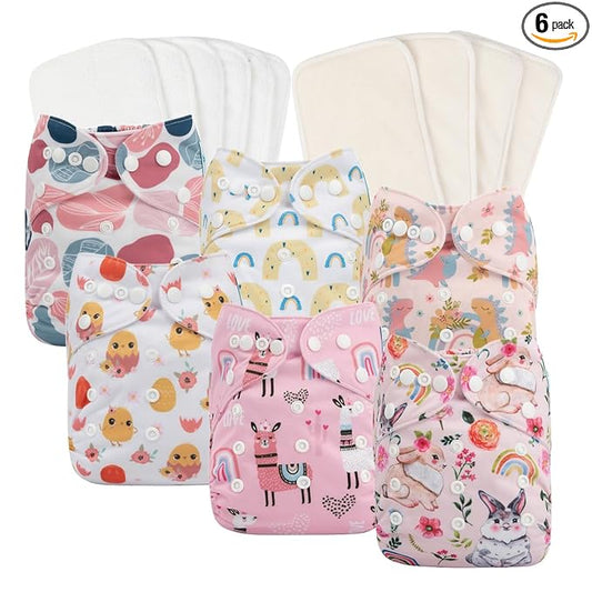 babygoal Reusable Cloth Diapers 6 Pack with 10pcs Inserts, One Size Adjustable Washable Pocket Nappy Covers for Baby Girls and Boys 6FG25
