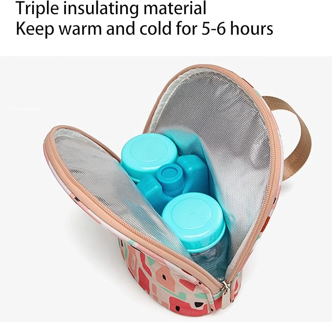 Baby Bottle Cooler Tote Bags, Cute Pink Insulated Breastmilk Cooler Bag with USB Charging,Travel Baby Bottle Holder Tote Car Bottle Warmer Water Warming Bag
