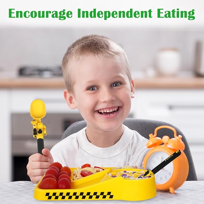 Construction Utensils for Toddlers - Motorcycle Toddler Forks - for Utensils Gift - Forks and Spoons Silverware Set - Ideal for School Lunch, Travel, Outdoors - Yellow