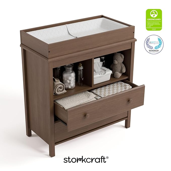 Storkcraft Alpine Nursery Changing Table Dresser Combo (Hazelnut) – GREENGUARD Gold Certified, Dresser for Nursery, Changing Table with Drawers, Removable Changing Table Topper