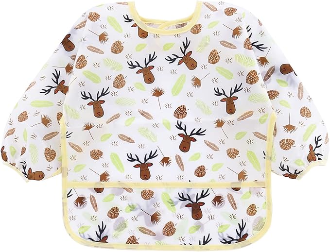 PandaEar 5 Pack Long Sleeve Bibs for Babies 6-24 Months, Lightweight Waterproof Toddler Smock for Eating & Messy Art, Washable Weaning Bibs with Stay-Open Pocket, Breathable & Travel-Friendly