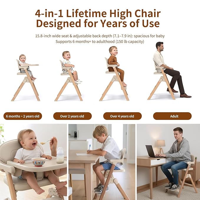 Babilous High Chair, Foldable High Chairs for Babies and Toddlers Ultra Safe for Infant or Adults Up to 150 Lbs, Easy Clean, Removable Tray/Adjustable Footrest for Baby Feeding HighChair, Cream