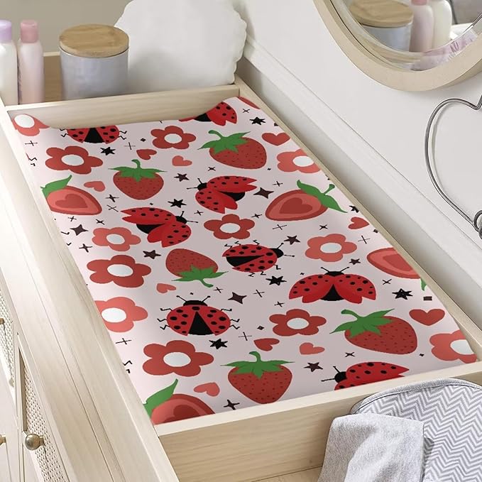 Strawberry Changing Pad Cover for Baby Ladybug Diaper Change Table Pad Covers Stretchy Baby Nursery Diaper Changing Pad Sheets Gift for Holiday