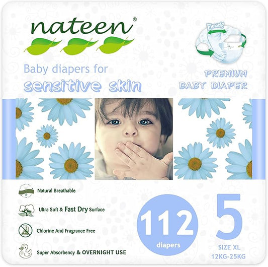 Nateen Premium Baby Diapers, Overnight Use Disposable Diapers for Sensitive Skin, Ultra Thin Diapers with Comfortable Fit. Size 5 (X-Large), 112, Count.