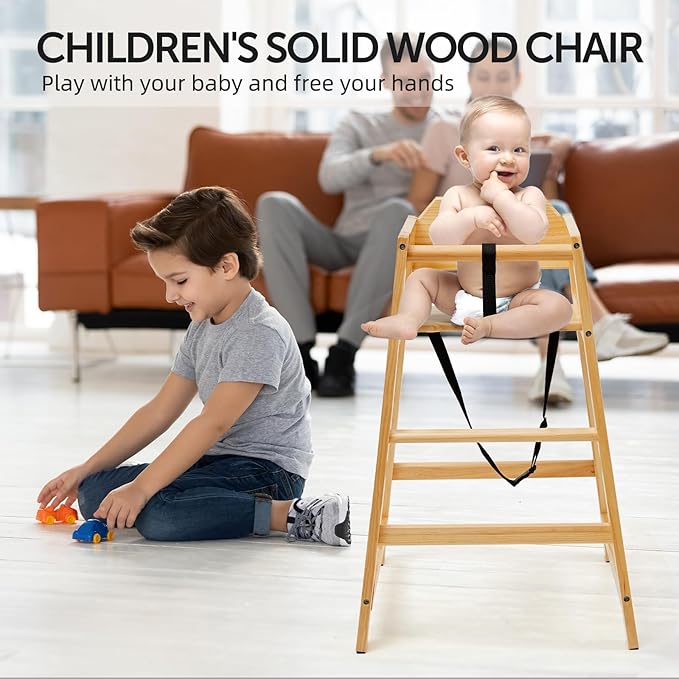 Wooden High Chairs for Babies and Toddlers, Restaurant-Style Stackable High Chair with Commercial Grade Solid Wood for Dining Table & Kitchen, Easy to Clean Baby Booster Seat -Natural