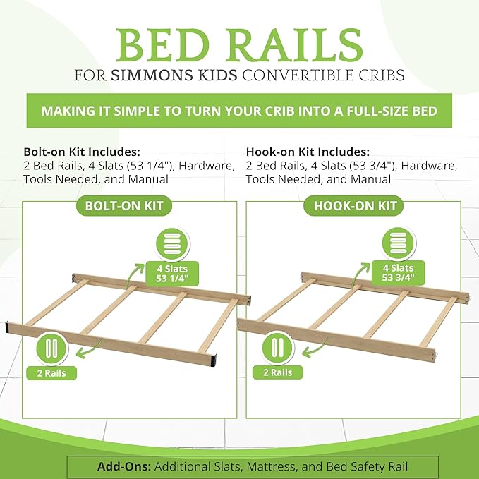 Full-Size Conversion Kit Bed Rails Compatible with Simmons Kids Convertible Cribs by Delta Children - Solid Wood - Toddler Adult Bed Rail for Full-Size - Nursery Furniture (Unfinished, HOOK-ON KIT)