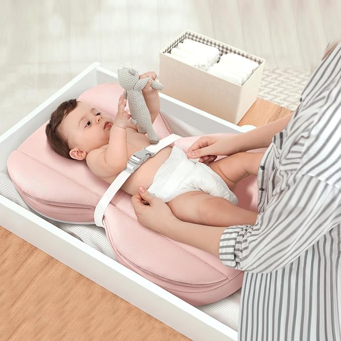 Baby Changing Pad with Waterproof & Wipe-Clean, Non-Slip PU Diaper Changing Pad, Adjustable Safety Belt, Changing Pad for Dresser, Changing Table,28"X16",Pink