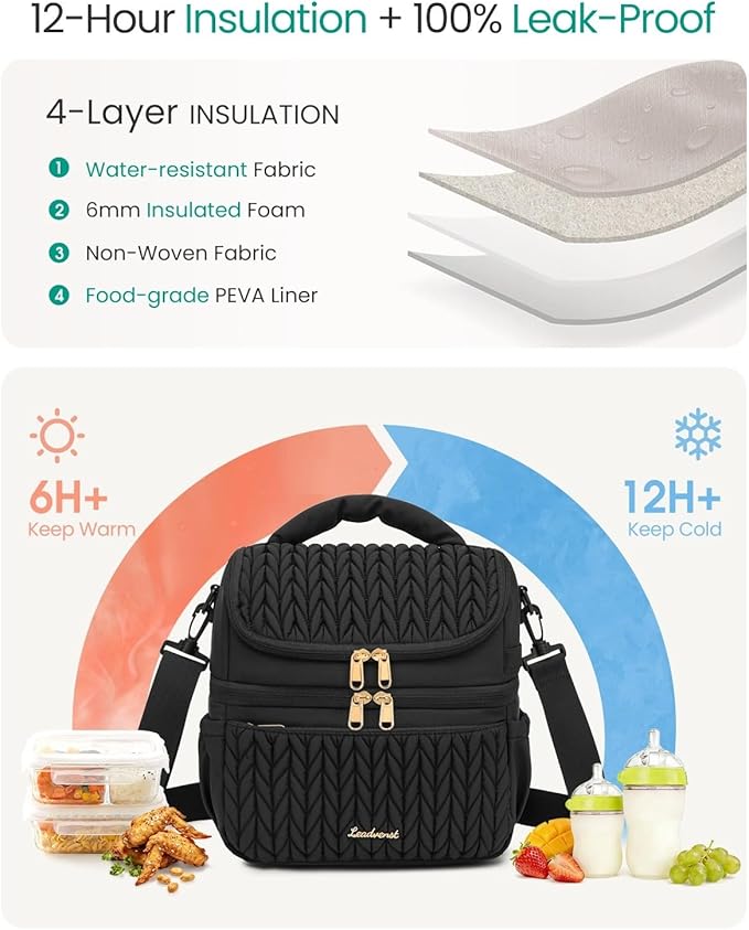 Breastmilk Cooler Bag - Large Capacity 12L & 10-Hour Insulated Bottle Cooler Bag with Detachable Divider for Tall Baby Bottles | Dual Deck Lunch Box for Women | Breast Pump Bags for Work