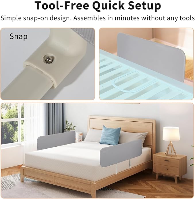 Travel Bed Rails for Toddlers with Motion Sensor Light, Foldable Toddler Bed Rail 48" Extra Long Safety Guard, Deep U-Shaped Base (No Straps Needed) for Twin, Full, Queen & King Mattresses