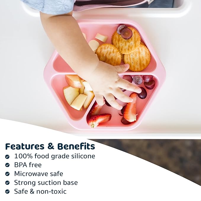 Tiny Twinkle Silicone Suction Baby Plate, Suction Grip Divided Dish for First Foods and Self-Feeding Toddlers, Baby Led Weaning Supplies for Independent Eating (Rose Plate)