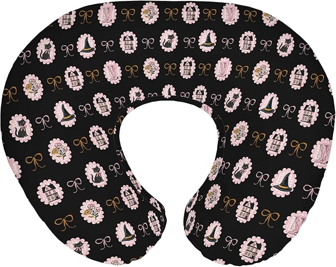 Cute Pink and Black Halloween Baby Nursing Pillow Covers for Girl Witch Cat Castle Floral Bows Nursery Pillowcase for Breastfeeding Pillows Spooky Halloween Soft Stretchy Removable Covers for Newborn