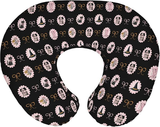 Cute Pink and Black Halloween Baby Nursing Pillow Covers for Girl Witch Cat Castle Floral Bows Nursery Pillowcase for Breastfeeding Pillows Spooky Halloween Soft Stretchy Removable Covers for Newborn