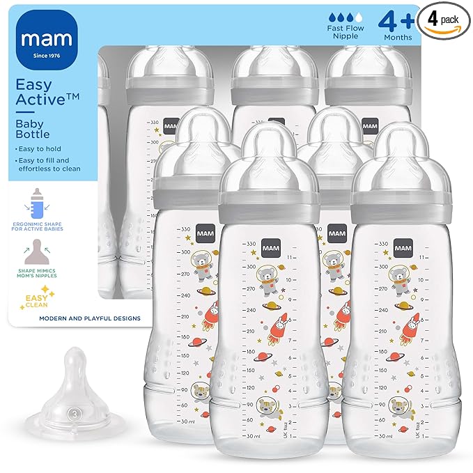 MAM Easy Active Baby Bottle 4 Pack, 11oz, BPA Free, Fast Flow Silicone Nipple, Anti-Slip Grip, Leak-Proof, 4+ Months, Cotton