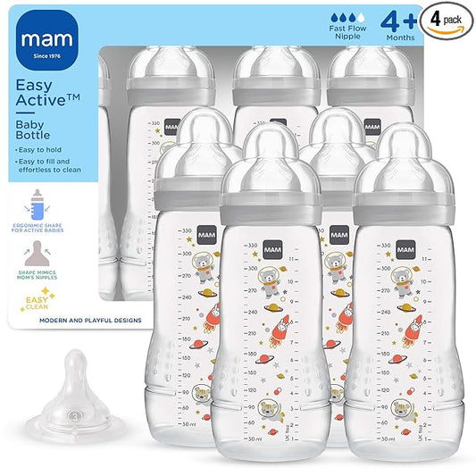 MAM Easy Active Baby Bottle 4 Pack, 11oz, BPA Free, Fast Flow Silicone Nipple, Anti-Slip Grip, Leak-Proof, 4+ Months, Cotton