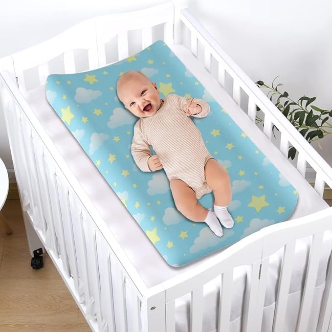 Stars Clouds Changing Pad Cover for Baby Boys Girls Soft Breathable Diaper Changing Table Pad Cover Cute Blue Diaper Station Protector, One Size