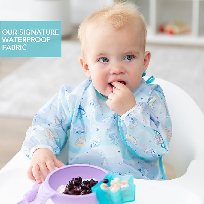 Bumkins Disney Stitch Sleeved Baby Bib – Long Sleeve Waterproof Fabric Feeding Smock with Crumb Catcher Pocket, Adjustable Toddler Apron for Baby Led Weaning, Comfortable for Ages 6–24 Months, 2-pack