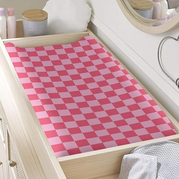 Rose Pink Checkered Changing Pad Cover for Baby Girls Boys Cartoon Breathable Diaper Change Table Sheet Soft Stretchy Cute Change Table Mat Cover Fit 32x16